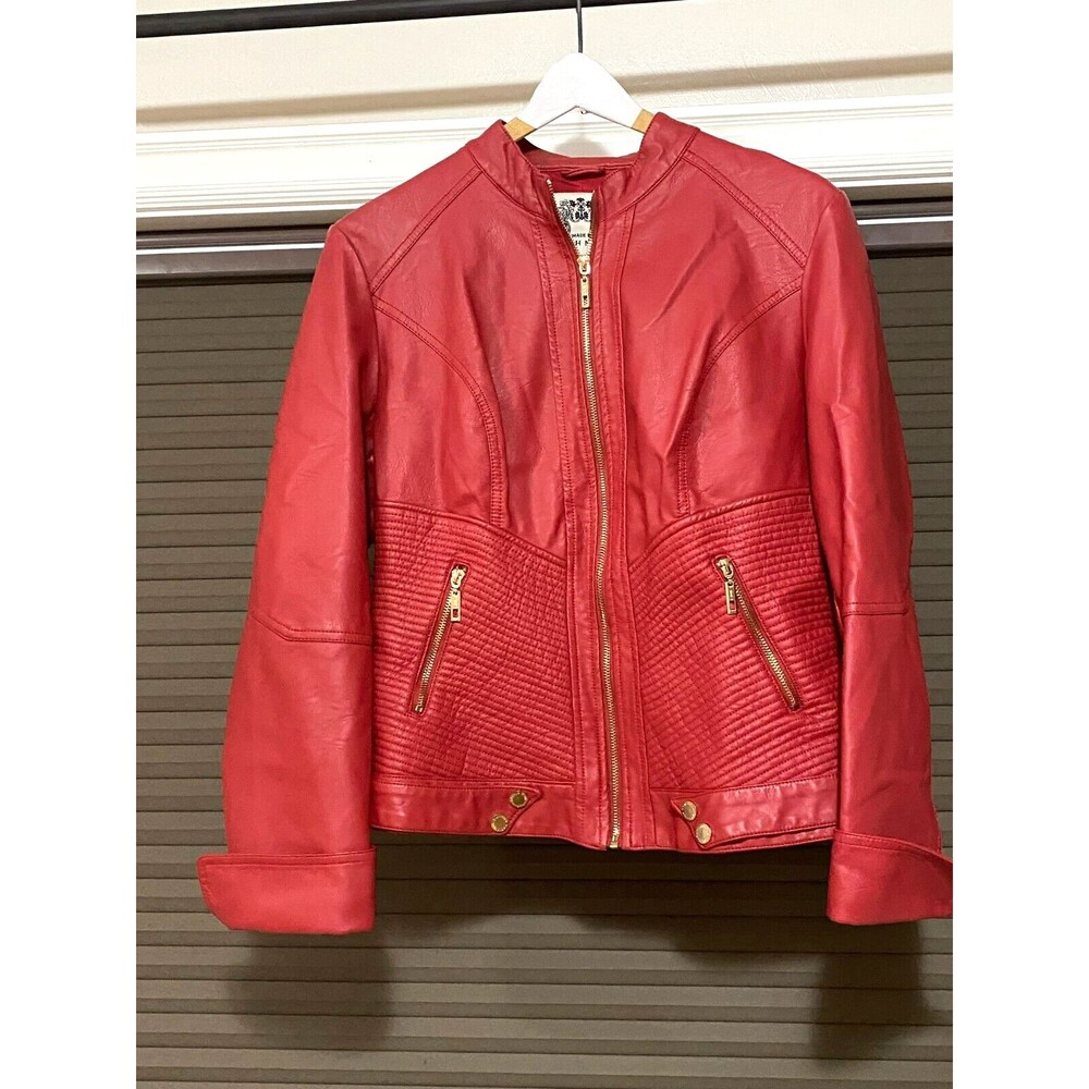 Made by Johnny MBJ faux leather red zip front moto biker jacket wine stitch L